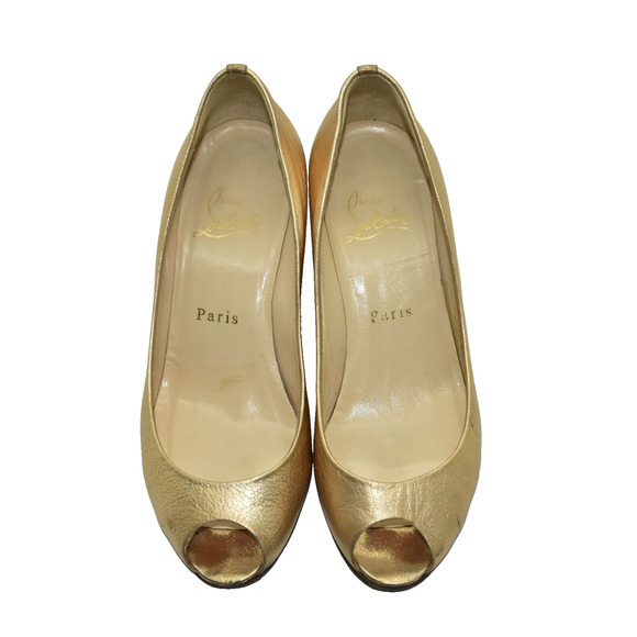 Auth CHRISTIAN LOUBOUTIN Gold Leather Covered Wedge Peep Toe Pumps Size 35.5 - Picture 4 of 8